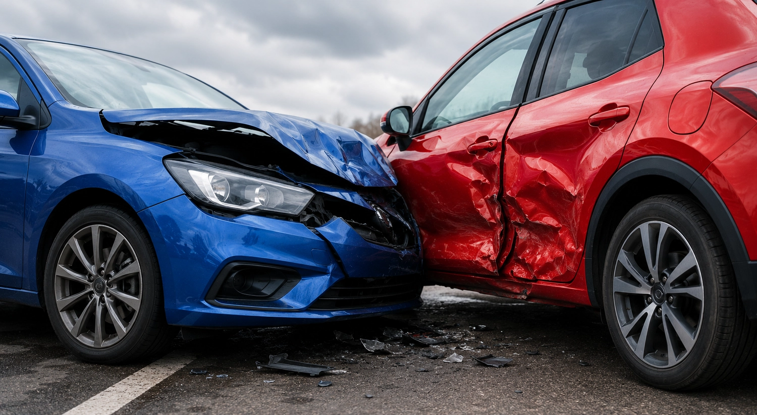 Rechtsanwaltskanzlei Paul - Mietrecht, Arbeitsrecht und Verkehrsrecht - Ein blauer Wagen mit verbeulter Motorhaube kracht in die Seitentüren eines roten Wagens.